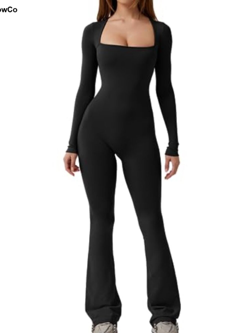 QINSEN Women's Square Neck Wide Leg Full Length Jumpsuit Long Sleeve
